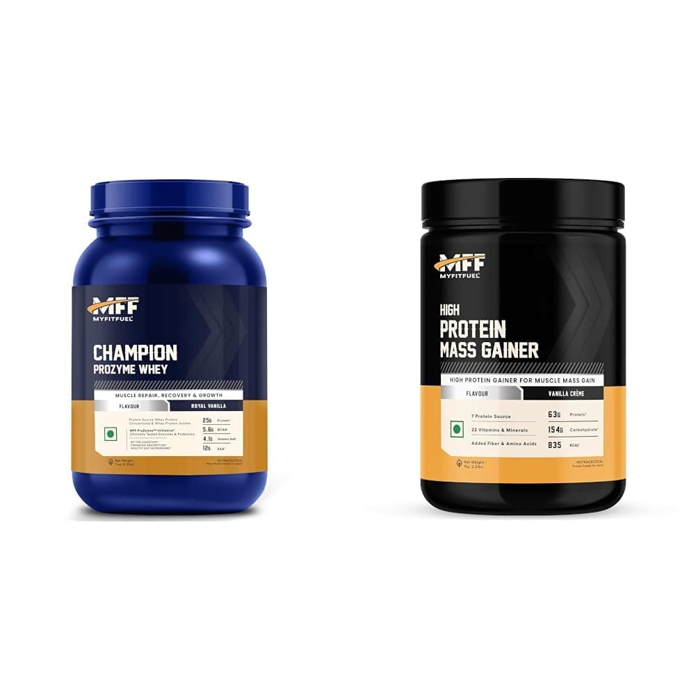 MyFitFuel Champion ProZymes Whey Protein Concentrate & Whey Protein Isolate | Clinical Trial Enzym | MyFitFuel MFF High Protein Mass Gainer 1 kg (2.2 lbs) Vanilla Crème
