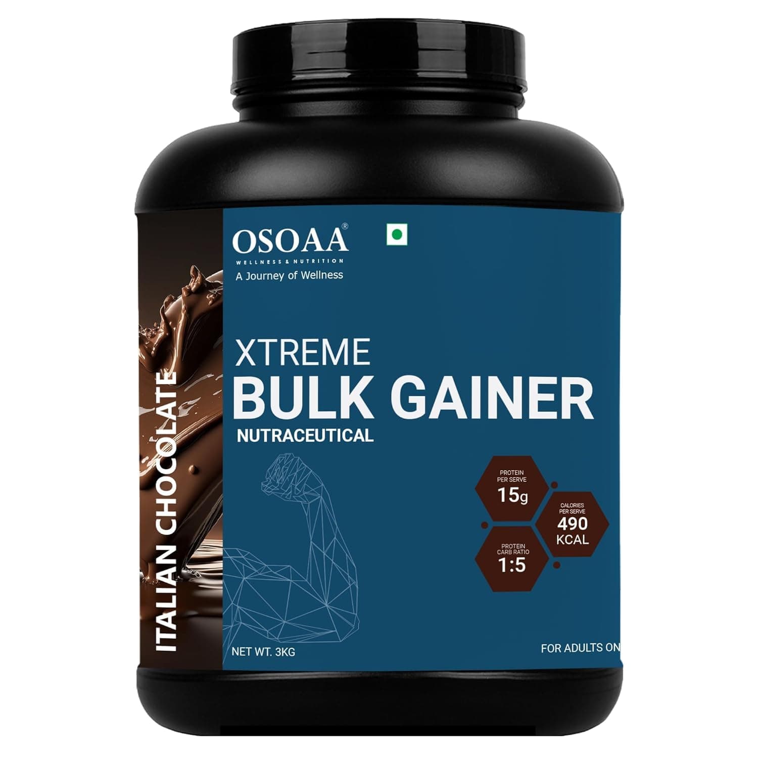 OSOAA Bulk Mass Gainer 3Kg | (Italian Chocolate) | 15g Protein |490 Calories | Added 3g Creatine | with Digestive Enzymes | 28 Added Vitamins | For Both Men & Women