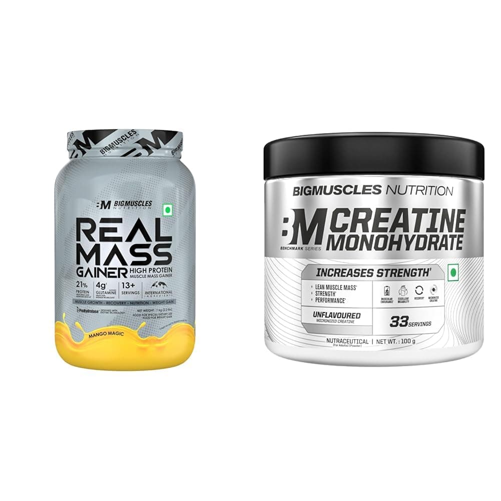 Bigmuscles Nutrition Real Mass Gainer [1Kg,Mango Magic]|Lean Whey Protein Muscle Mass Gainer|Compl | Bigmuscles Nutrition Creatine Monohydrate [33 Servings, Unflavoured] | Micronised Creatine Powder