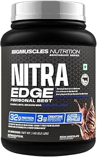 Bigmuscles Nutrition Nitra Edge PB Whey Protein Powder [1kg, Rich Chocolate] | 32g Protein [Isolate + Concentrate], 3g Creatine Monohydrate | No Added - Sugar, Colours, Artificial Sweeteners