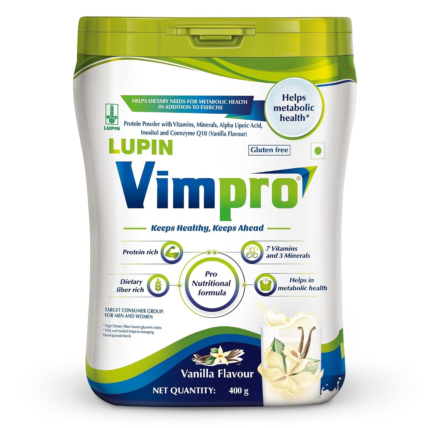 Lupin Vimpro Nutritional Vanilla Protein Powder, Supports Muscle Strength & Growth, Helps in Heart and Brain Health, Helps in Recovery, No Gluten, Protein Supplement with CoQ10, ALA, Inositol & FOS, With Vitamin Minerals & Protein, 400g