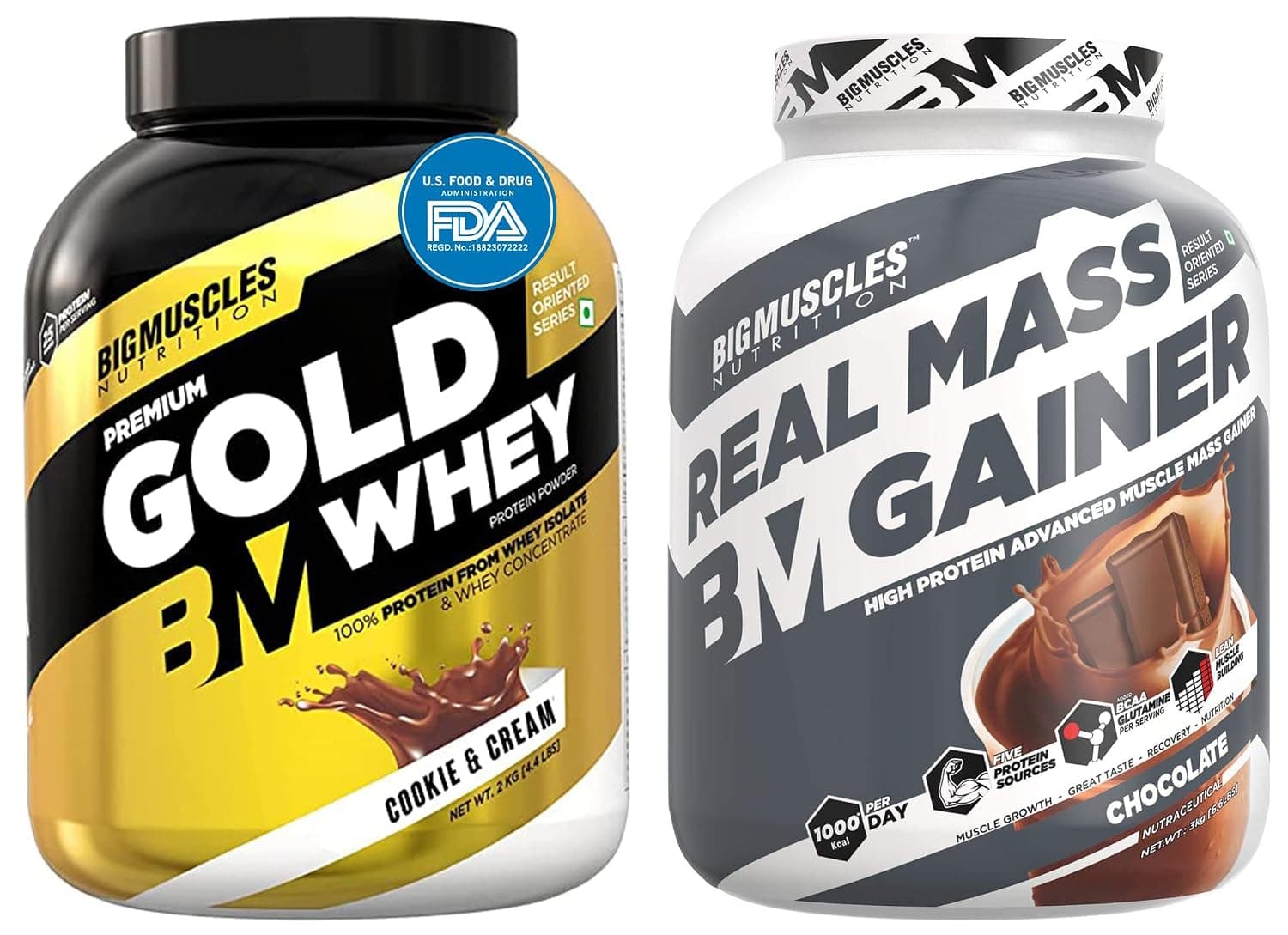 Bigmuscles Nutrition Premium Gold Whey 2Kilogram Whey Protein Isolate Blend|25g Protein Per Serving [Cookie & Cream] & Real Mass Gainer Powder [ Pack of 3Kilogram, Chocolate], 37 Grams
