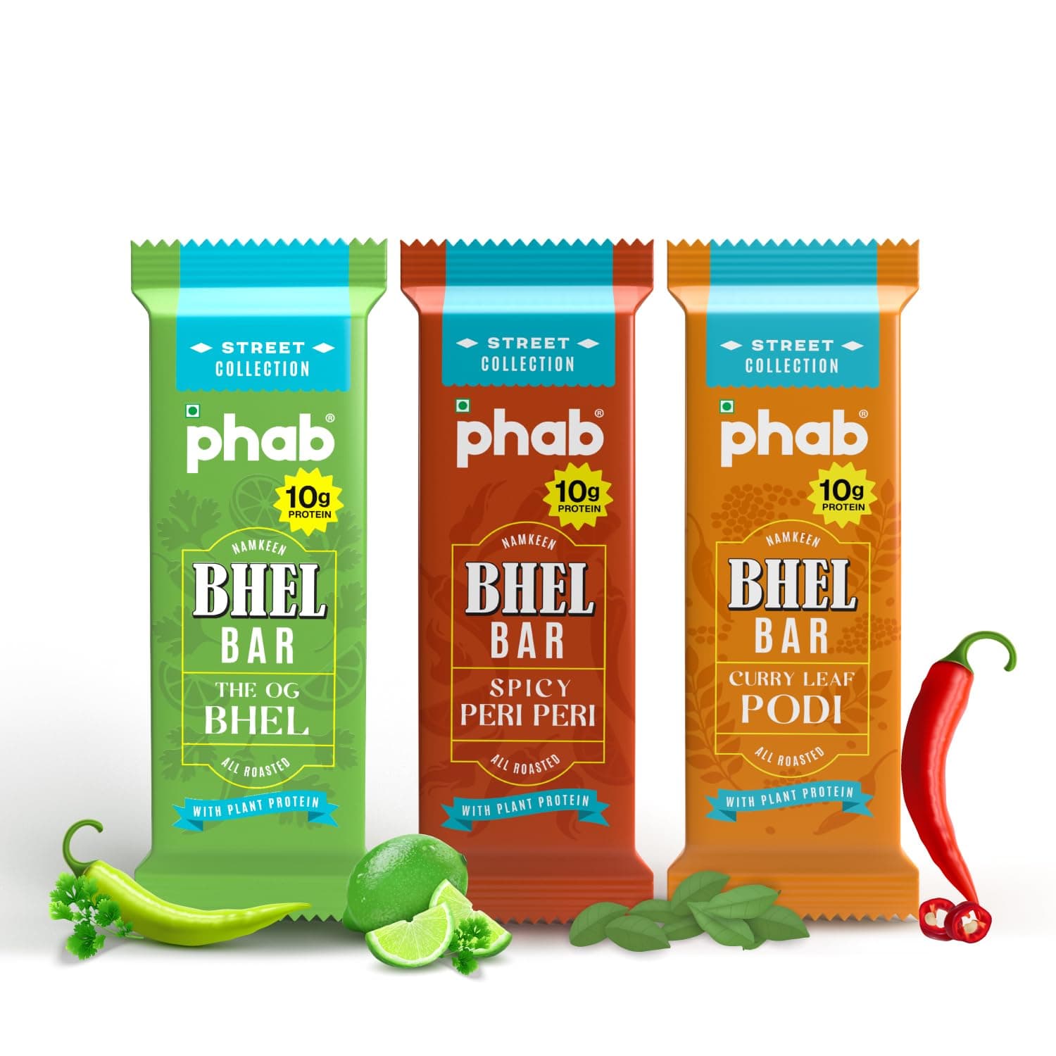 PHAB Bhel Protein Bar – Assorted Protein bar with Pack of 3 Flavours | OG Bhel, Peri Peri, Podi Curry Leaf | Savoury Roasted Snack Bars | 10g Protein Each, <150 Cal, Gluten-Free, No Palm Oil | (Pack of 6x35g)