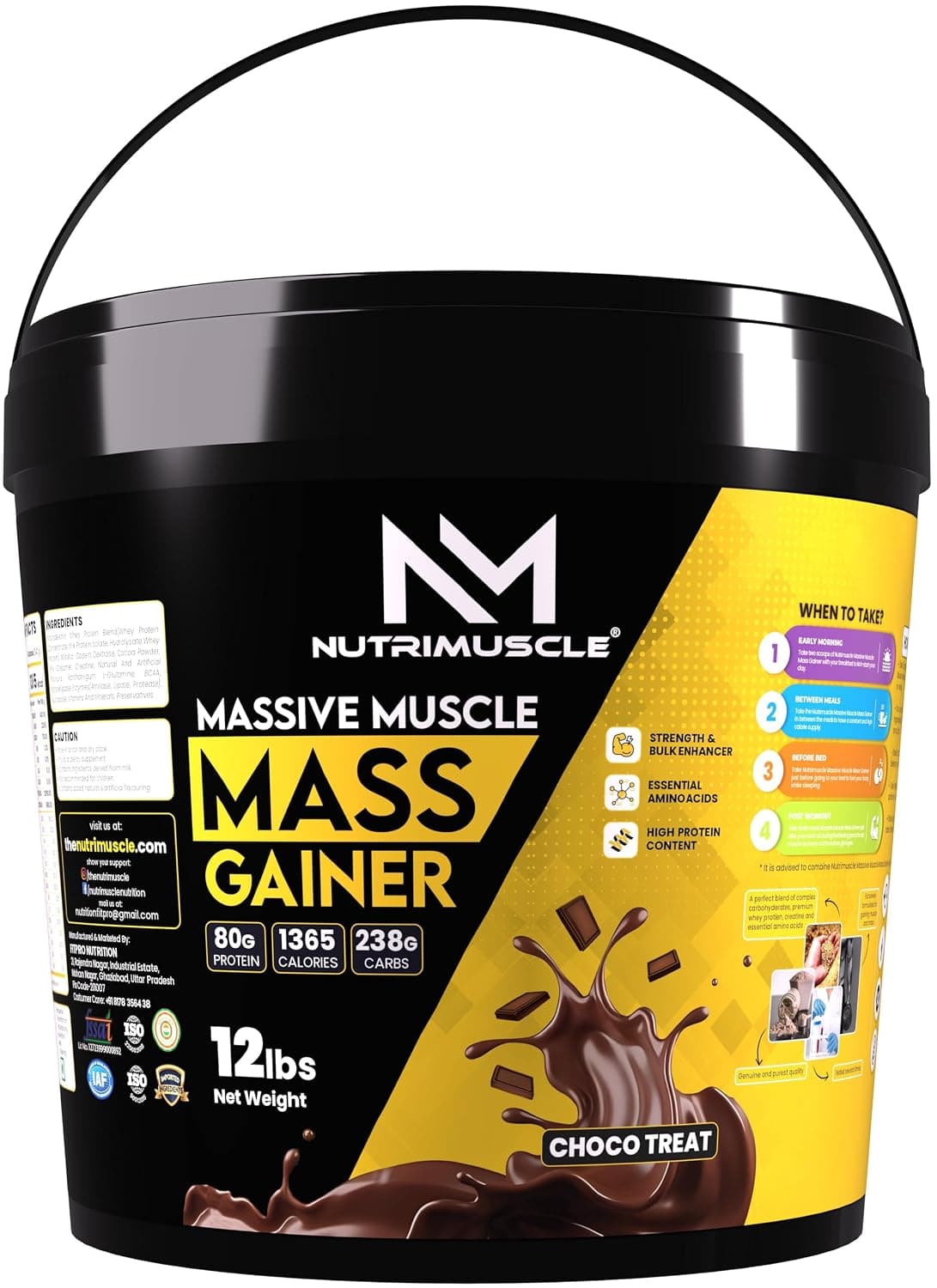 Nutrimuscle Massive Muscle Mass Gainer - 12 lbs - 5.44 Kgs - Choco Treat (Chocolate) Flavour - for Mass, Muscle, Power & Strength Gain -Contains CREATINE MONOHYDRATE - High protein Gainer