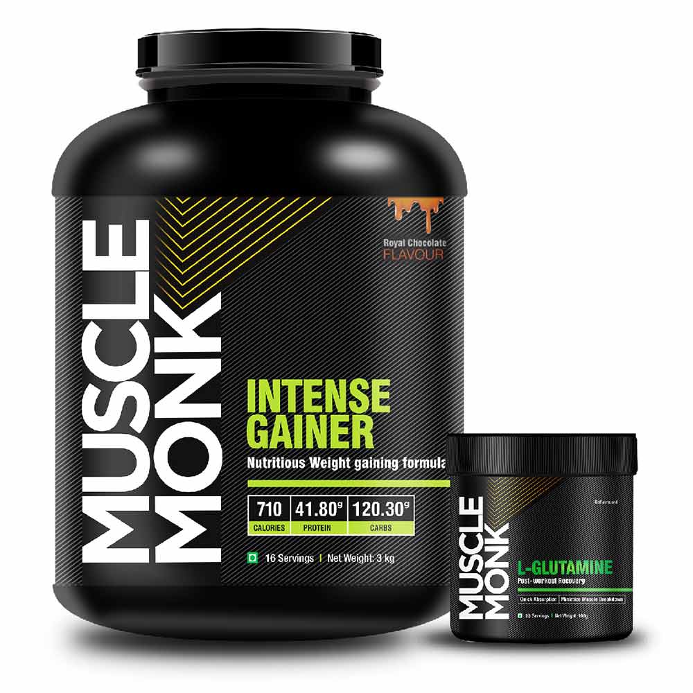 MuscleMonk Intense Mass Gainer with L Glutamine 100g Unflavoured, 6.6 lb Royal Chocolate