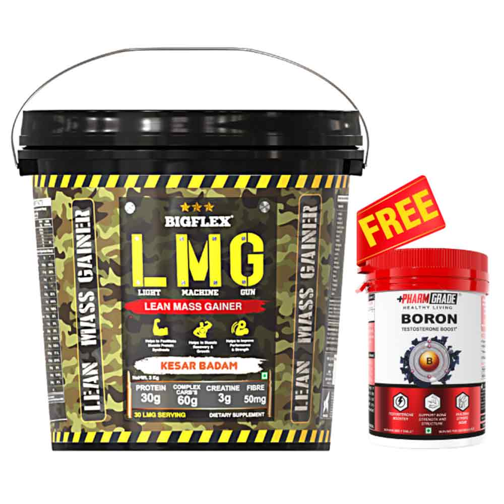 Big Flex LMG(Light Machine Gun) Lean Mass Gainer, 6.6 lb Kesar Badam + Pharmgrade Healthy Living Boron 60 Tabs Free