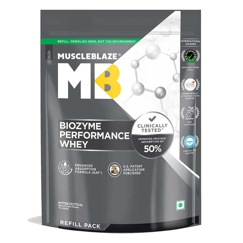 MuscleBlaze Biozyme Performance Whey Protein Powder, 2.2 lb Refill Pack Unflavoured