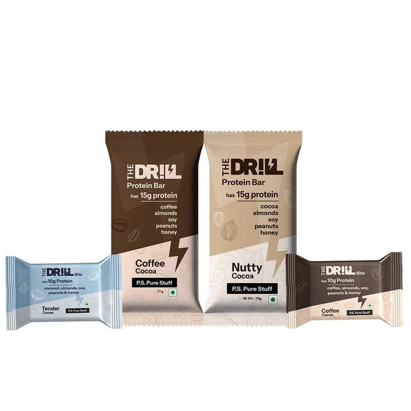 The Drill Assorted Box, 10 bar(s) 2×Nutty Cocoa 15g, 2×Coffee Cocoa 15g, 2×Coffee Cocoa Bite 10g, 4×Tender Cocoa bite 10g
