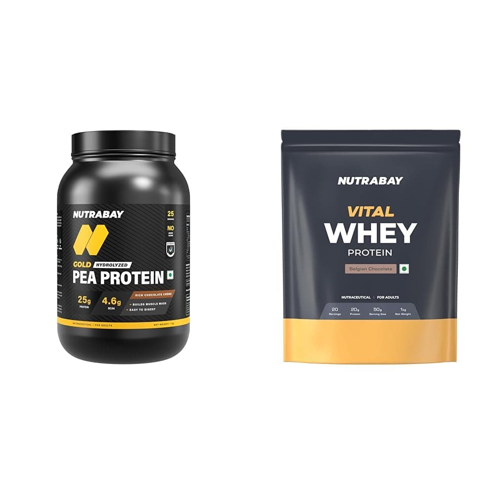 NUTRABAY Gold 100% Pea Protein Powder - 1kg, Rich Chocolate Crème | 25g Protein, 4.6g BCAA, 5g Fiber | Complete Amino Profile | Tastiest & Smoothest Vegan, Plant Protein | Muscle Gain & Fast