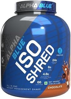 AlphaBlue ISO Shred Whey Protein Isolate (2Kg, 4.4 lbs) – 66 Servings | 24g Protein, 6g BCAA, 4.8g Glutamine | All-in-One Weight Management Shake with L-Carnitine, CLA & Collagen | Low Carb Chocolate