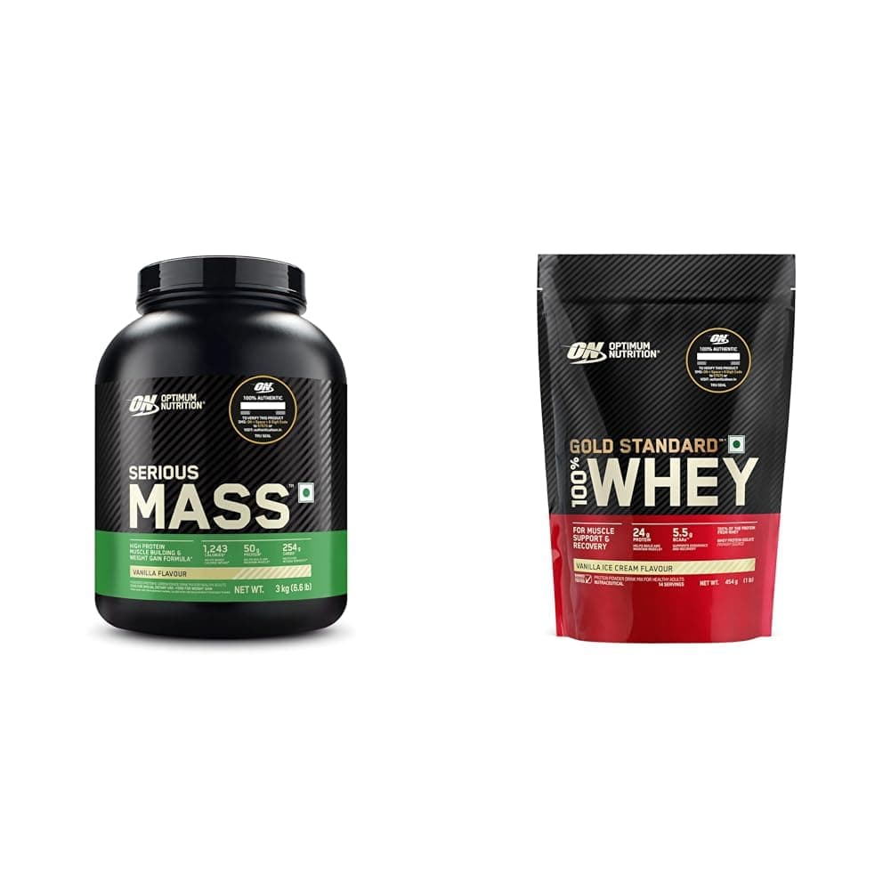Optimum Nutrition (ON) Serious Mass High Protein High Calorie Weight Gainer Powder - 3 kg (Vanilla | Optimum Nutrition (ON) Gold Standard 100% Whey Protein Powder (Vanilla Ice Cream)1 lbs, 454 g, for