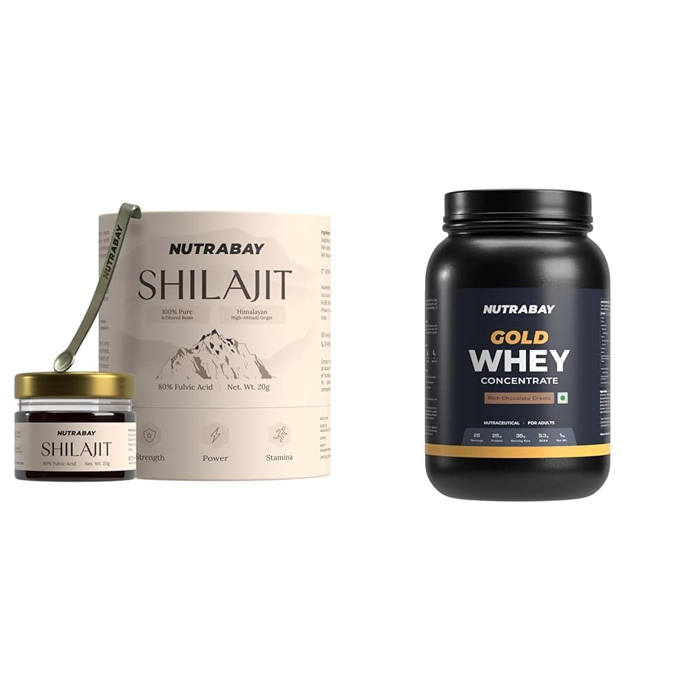 Nutrabay Shudh Himalayan Shilajit Resin from High Altitude – Extracted Using Water – Strength, Sta | Nutrabay Gold Whey Protein Concentrate with Digestive Enzymes 25g Protein, 5.3g BCAA, 3.9g Glutami