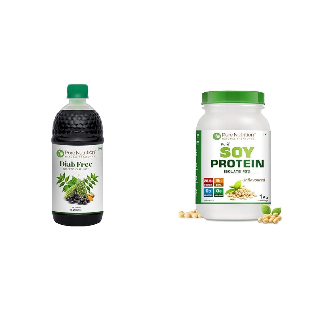 Pure Nutrition Diab Free Diabetic Care Juice - 1L | Herbal Sugar Control Juice with Karela, Jamun, | Pure Nutrition Soy Protein Isolate Powder - 1kg | 90% Isolate (27g Isolate per 30g Serving), Unfla