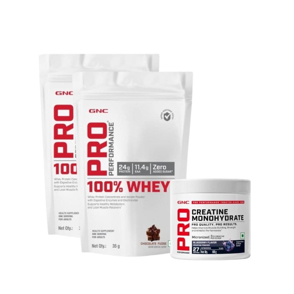 GNC Berry Choco Strength Stack | Whey Protein & Creatine Combo for Muscle Recovery & Workout Performance | Chocolate Fudge + Creamy Strawberry Whey Protein Sachets + Blueberry Creatine Monohydrate