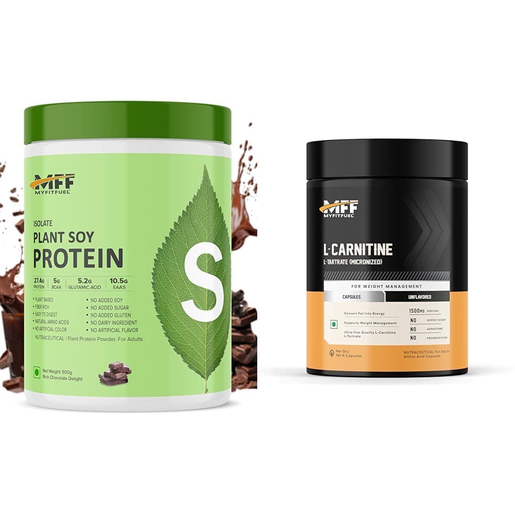 MyFitFuel Plant Soy Protein Isolate 90 | Pure Soy | 500gm, 14 Servings (Rich Chocolate Delight) | MyFitFuel L-Carnitine L-Tartrate (1500mg) 180 Capsules