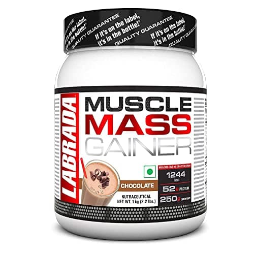 Labrada Muscle Mass Gainer Powder(1 kg) (Chocolate) 2.2 lbs, Gain Weight, Post-Workout, 52gm Protein, 250g Carbs,1g Creatine, 500mg L-Glutamine,For 3 Servings