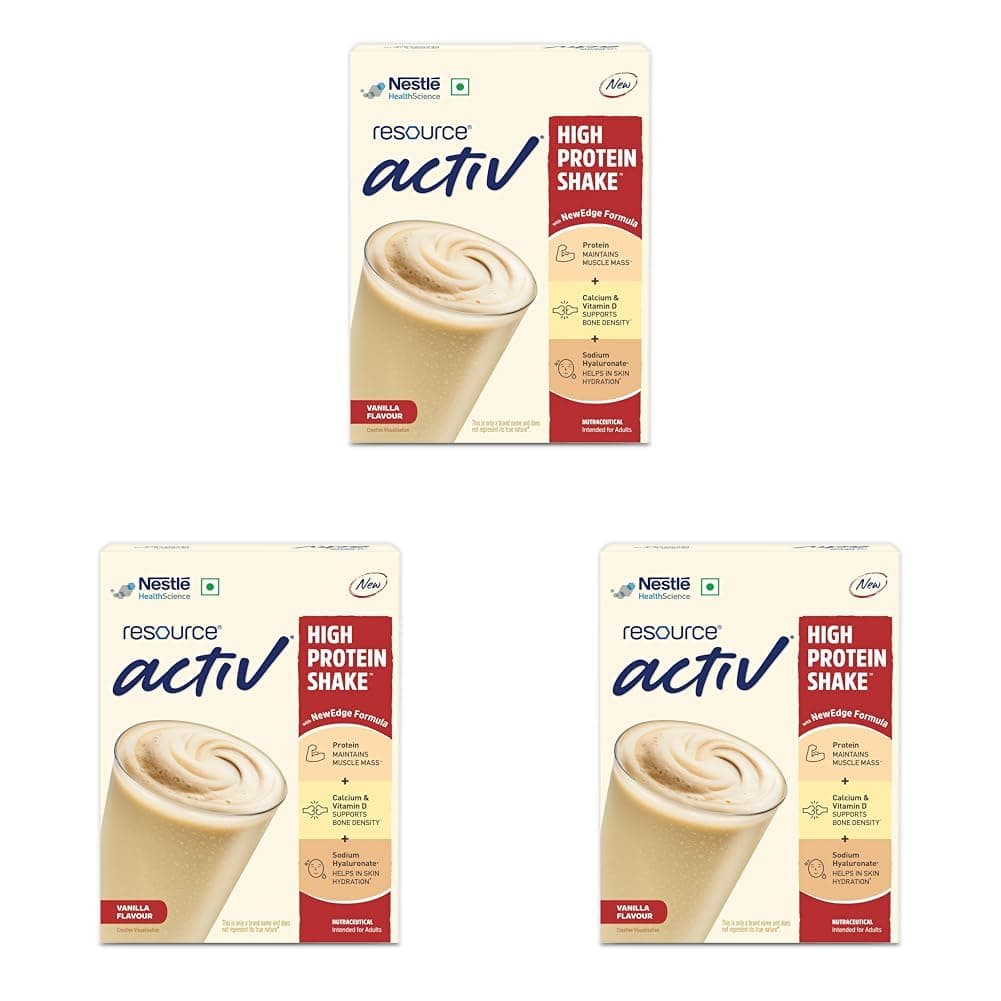 Nestlé Resource Active, High Protein Shake with New Edge Formula, Vanilla Flavour, Strengthens Muscles, Bones, Immune System, Improves Skin 400g Bag-in-box pack (Pack of 3)