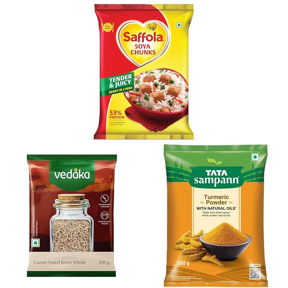 Saffola Soya Chunks, Tender & Juicy, 53% Protein, 1kg || Amazon Brand - Vedaka Whole Jeera (Cumin), 200g || Tata Sampann Turmeric Powder With Natural Oils, 500g, Haldi Powder