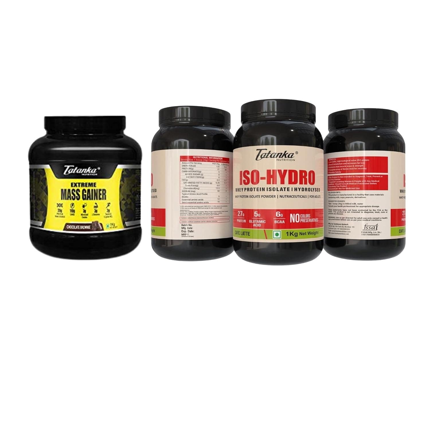 TATANKA NUTRITON Extreme Mass Gainer | 20G Protein Gaining Powder | 110G Carbs | Chocolate Brownie (3Kg) And Iso Hydro Whey Protein |Vegetarian Muscle-Building Supplement Powder (2Kgs, Cafe Latte)