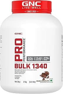 GNC Pro Performance Bulk 1340 Mass Gainer | 2 kg | 50 Gm Protein | Double Chocolate | Protein-Carbs Ratio of 1:5 For Target Gains | Boosts Muscle Size & Energy | 50g Protein | 279g Carbs | 1340 Cal | 1.5g Creatine | Formulated In USA
