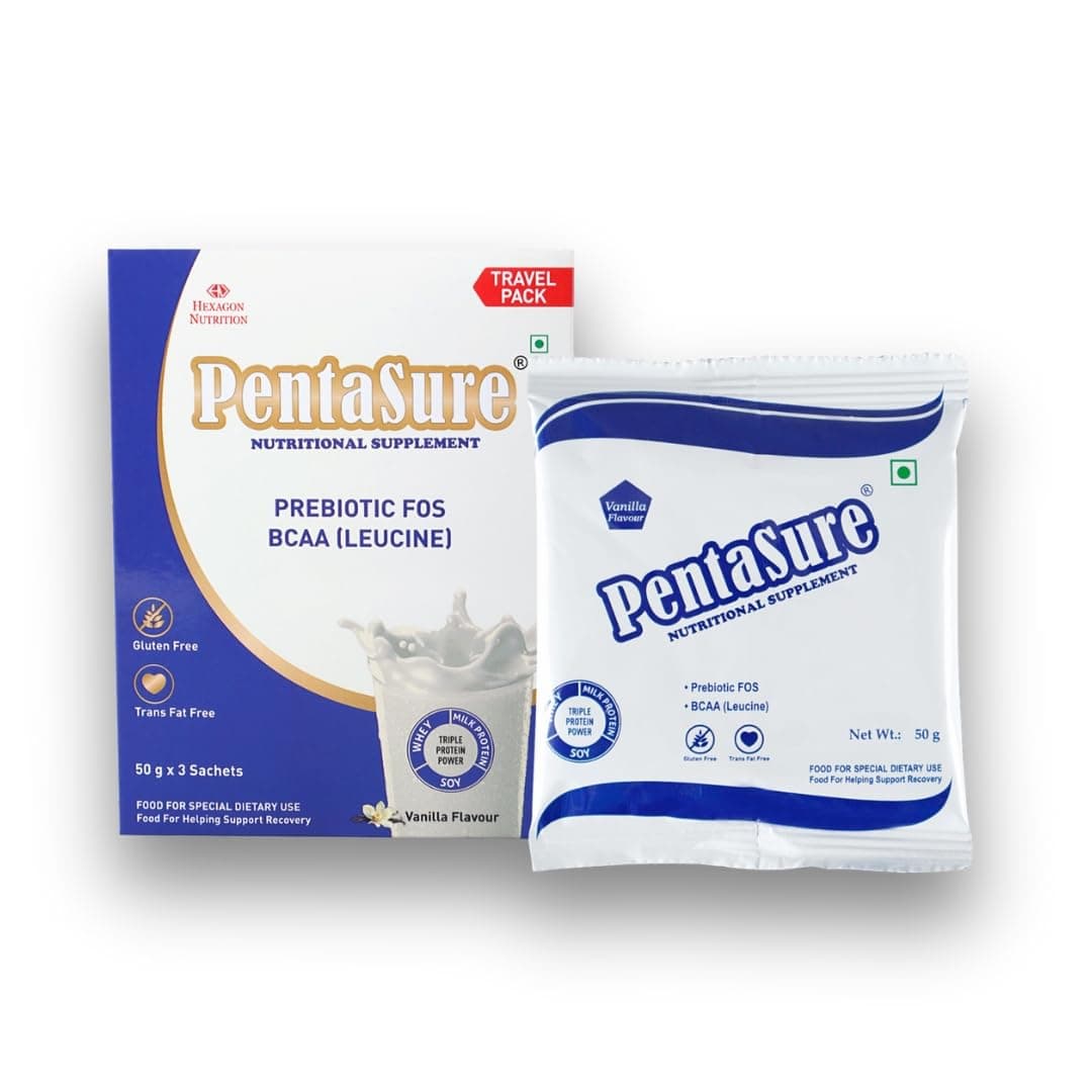 PentaSure Complete Balanced Nutrition | Daily Nutrition Protein Shake | Vanilla -150g (3 x 50g) Trial or Convenience Pack| Whey, Milk & Soy Protein Blend | 36 Vital Nutrients | BCAA (Leucine) & Prebiotic FOS | Supports Energy, Immunity & Muscle Health | Easy to Digest Supplement