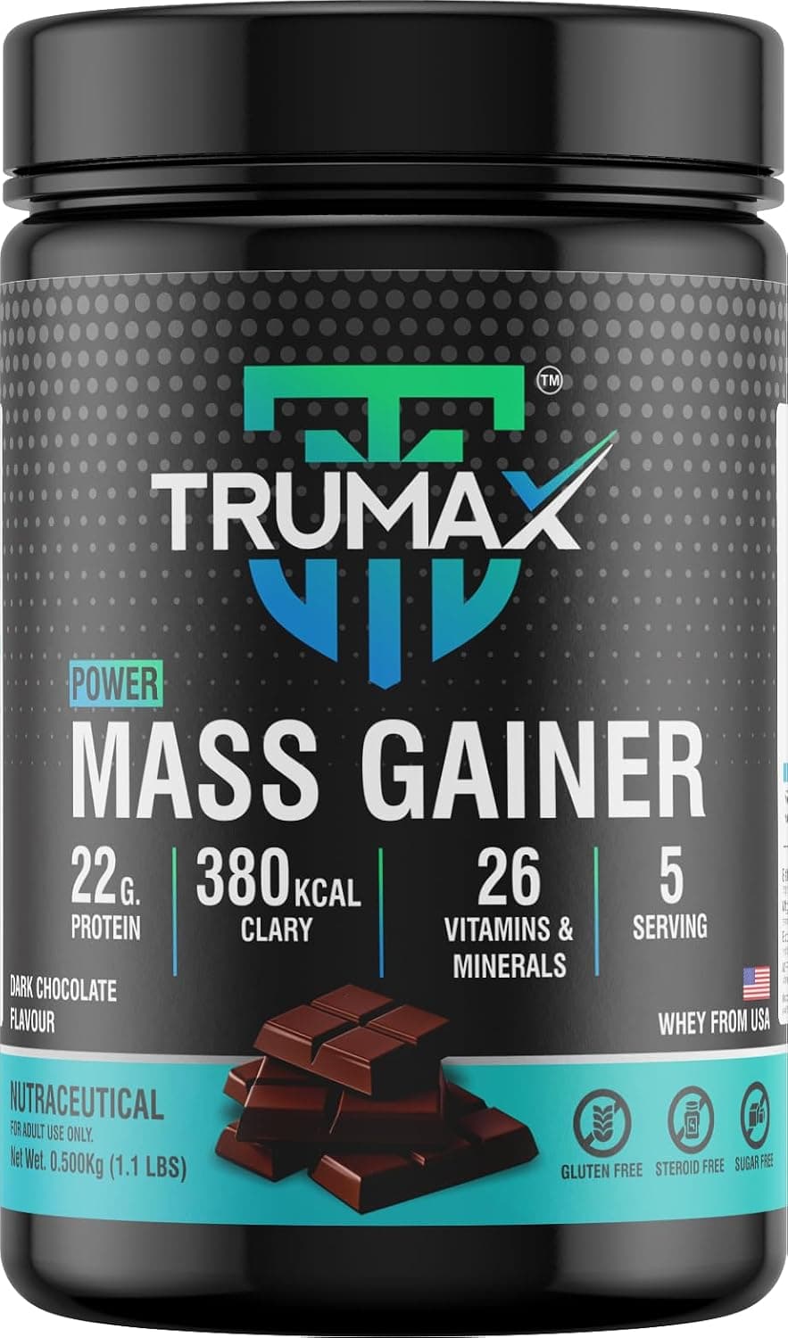 Power Mass Gainer 500 gm, 22g Concentrate Protein, 26 Vitamins & Minerals, 70g Carbs | Raw from USA | Muscle Building Supplement in Dark Chocolate Flavor