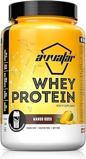 avvatar WHEY PROTEIN | 1Kg | Mango Rush Flavour | 27g Protein | 29 Servings | Isolate & Concentrate Blend