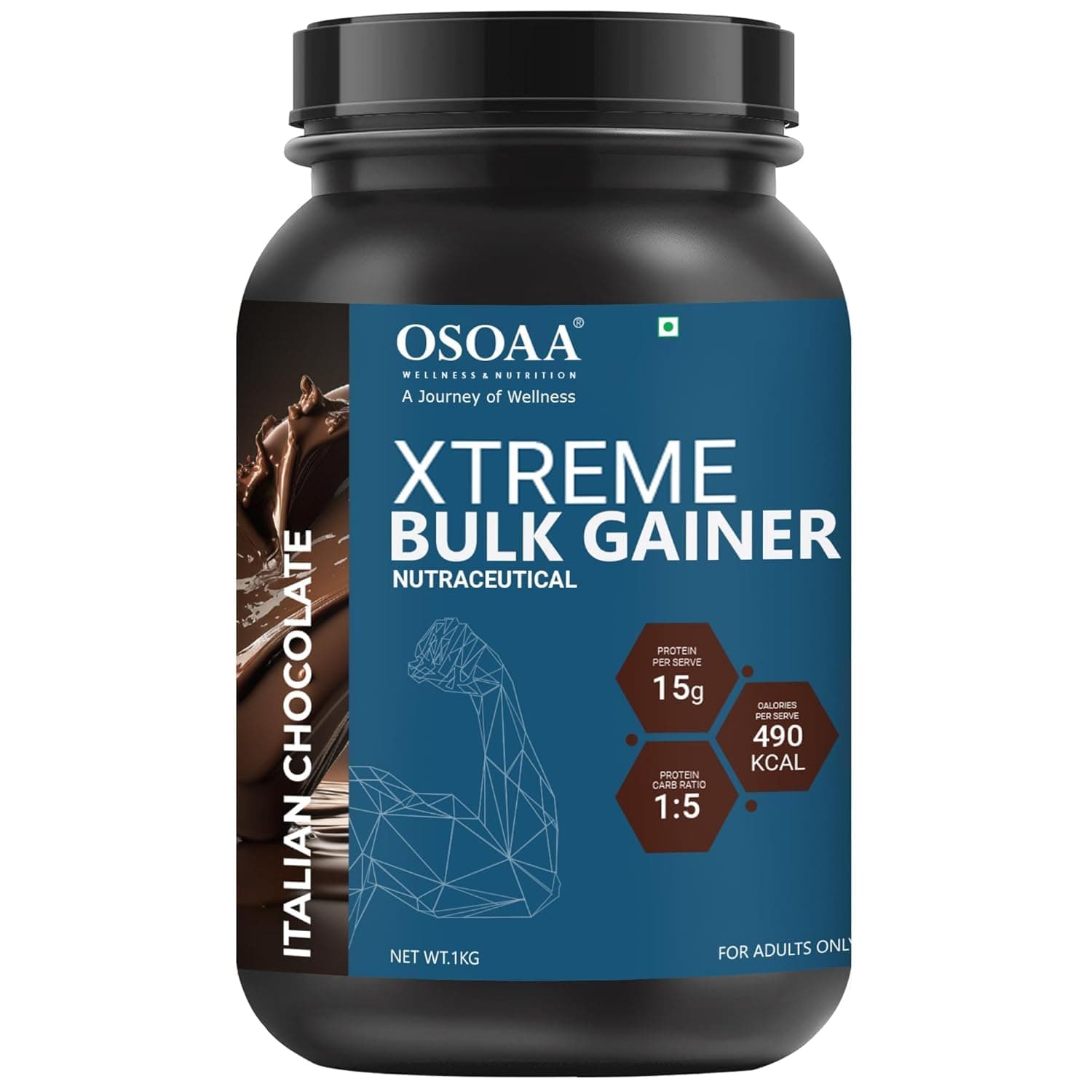 OSOAA Bulk Mass Gainer 1Kg | (Italian Chocolate) | 30g Protein | 1153 KCAL | Added 3g Creatine | with Digestive Enzymes | 28 Added Vitamins | For Both Men & Women