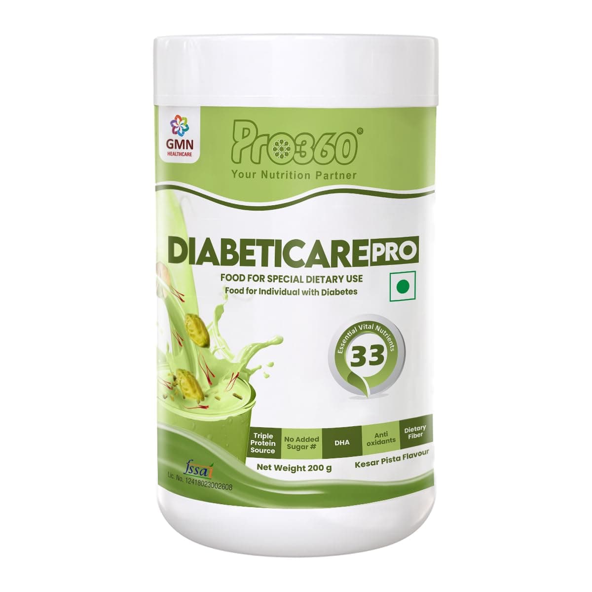 Pro360 Diabetic Care Protein Supplement Powder for Dietary Management of People With Diabetes - Helps in Managing Blood Glucose - No Added Sugar - Kesar Pista Flavor - 200g