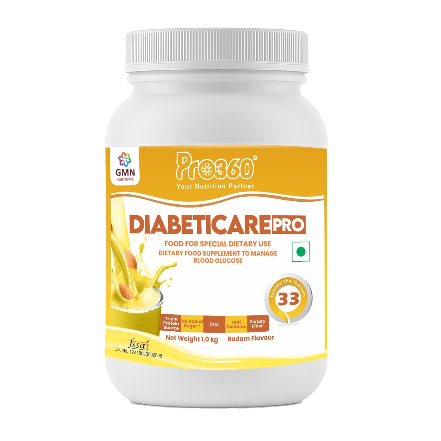 Pro360 Diabeticare Pro Diabetic Protein Powder - 1kg Badam Flavour Protein Powder for Men & Women - Protein Supplement for Diabetes Management & Balanced Nutrition