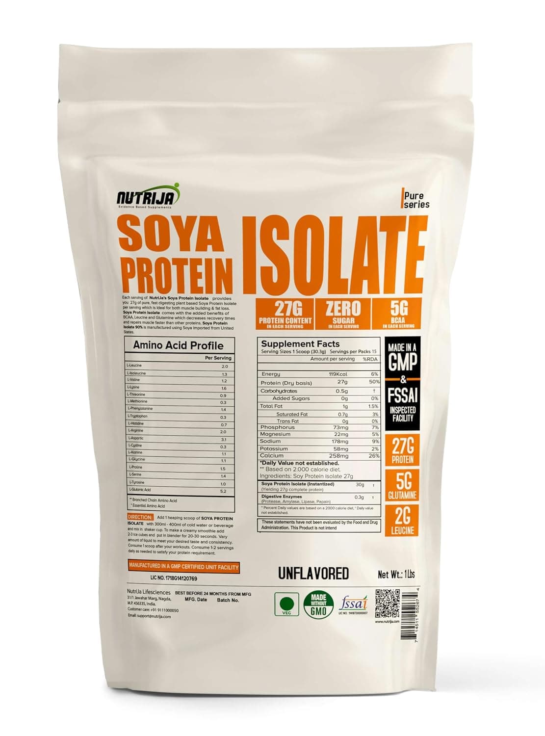 NutriJa Soya Protein Isolate 90% with Added Digestive Enzymes for Optimal Absorption | Vegan Plant Based Protein Powder | Non-GMO | Unflavoured | 15 Servings | 1 Lbs