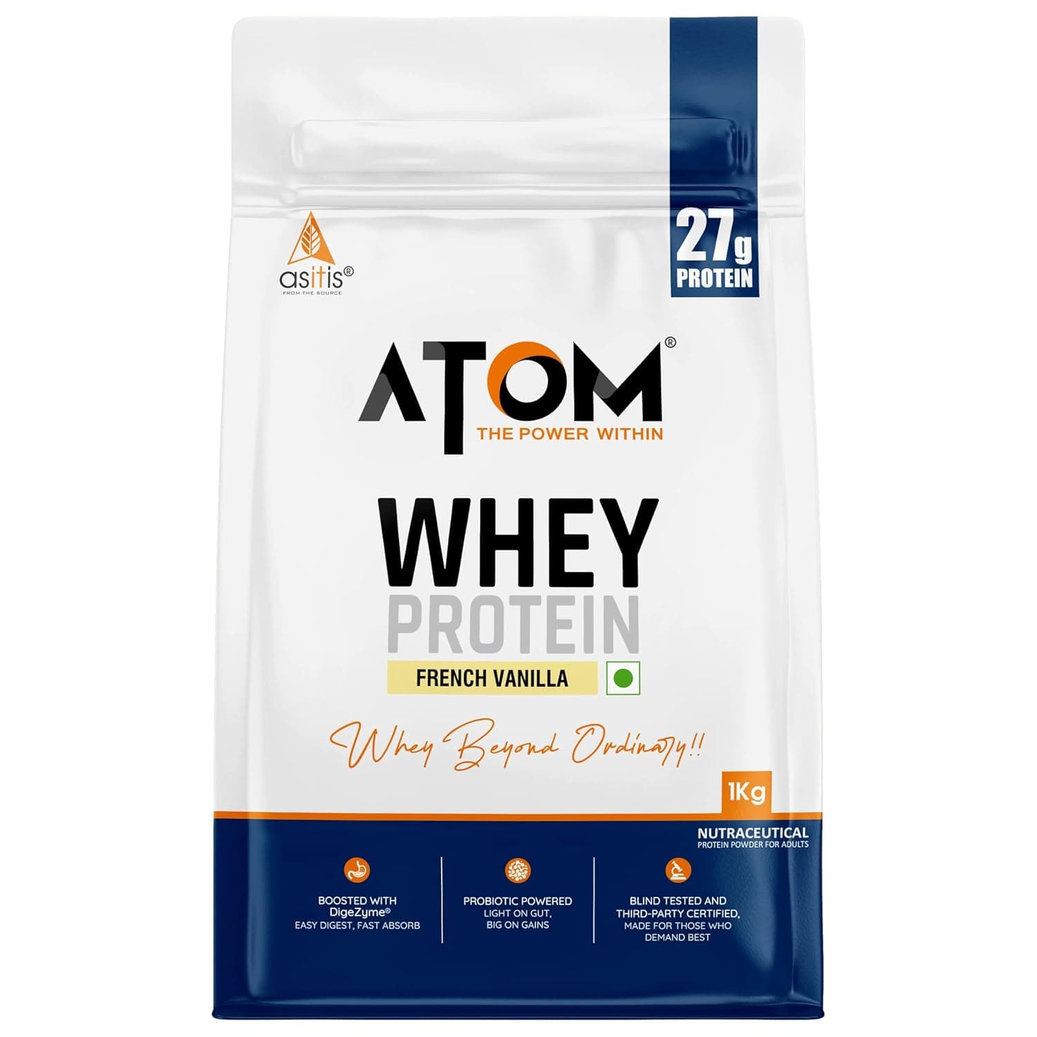 AS-IT-IS ATOM Whey Protein 1kg | 27g protein | Isolate & Concentrate | French Vanilla | USA Labdoor Certified | With Digestive Enzymes for better absorption