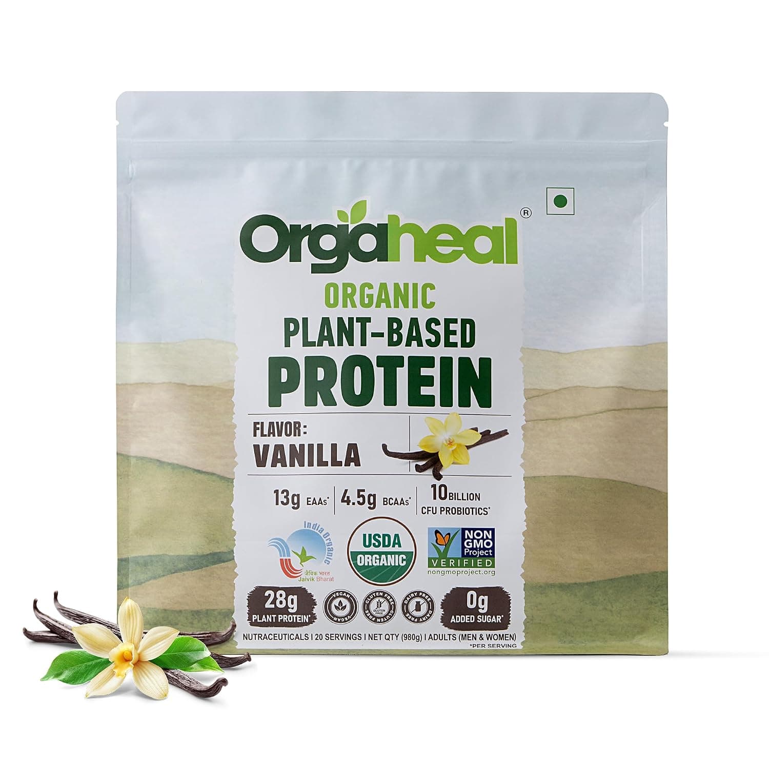 Organic Plant-Based Protein Powder, Vanilla | 28g Protein, 4.5g BCAAs | No Added Sugar, Vegan, Gluten Free | Pea, Mung Bean & Lentil Protein | India’s Only Certified Organic | 980g