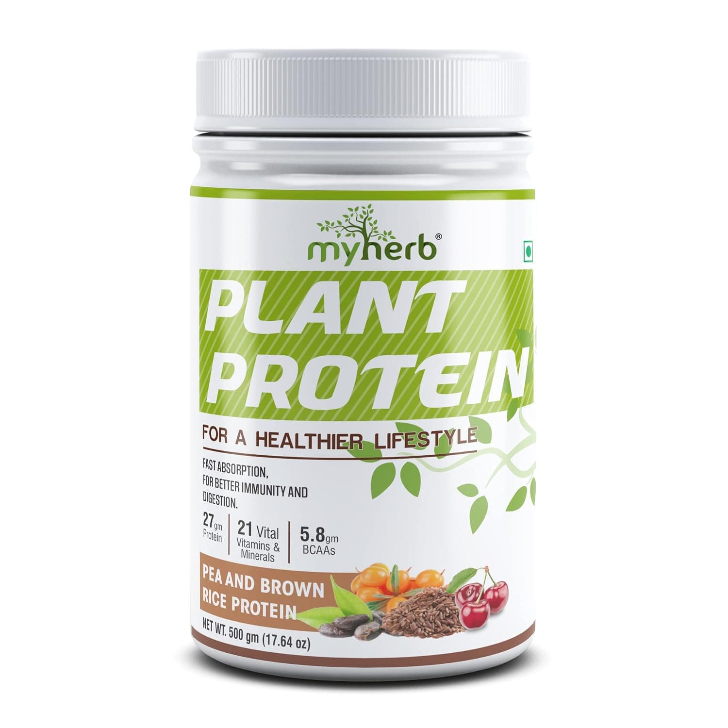 MYHERB Plant Protein Powder | Pea And Brown Rice Protein Powder | Vegan High Protein Powder | 27 gm Protein,21 Vital,6 gm BCCAs |Sugar Free|For Men,Women (500 g (Pack of 1), Chocolate)