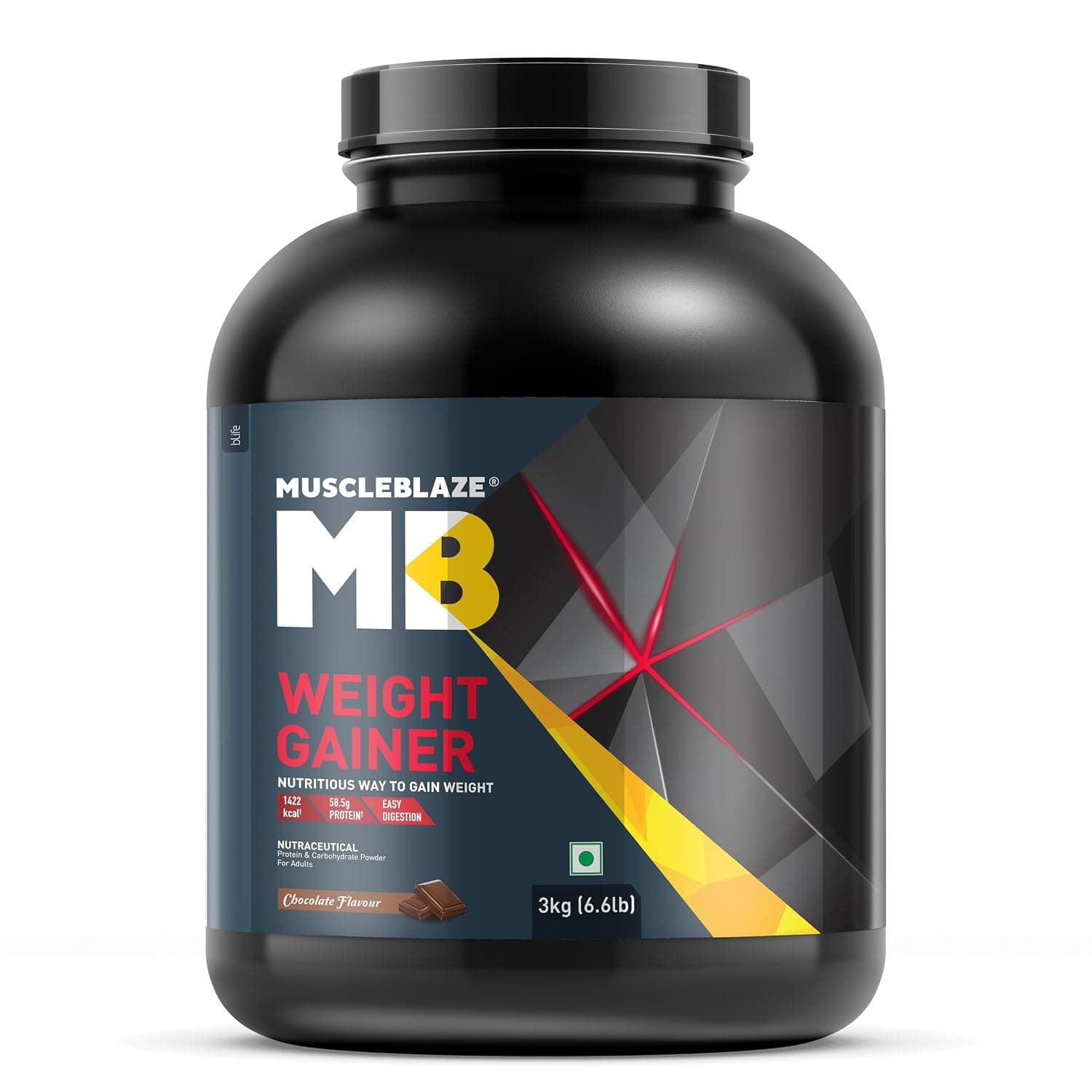 MuscleBlaze Weight Gainer Powder with Added Digezyme, Chocolate (30 Servings, 3kg / 6.6lbs) | 12g Protein, 72g Carbs Per Scoop