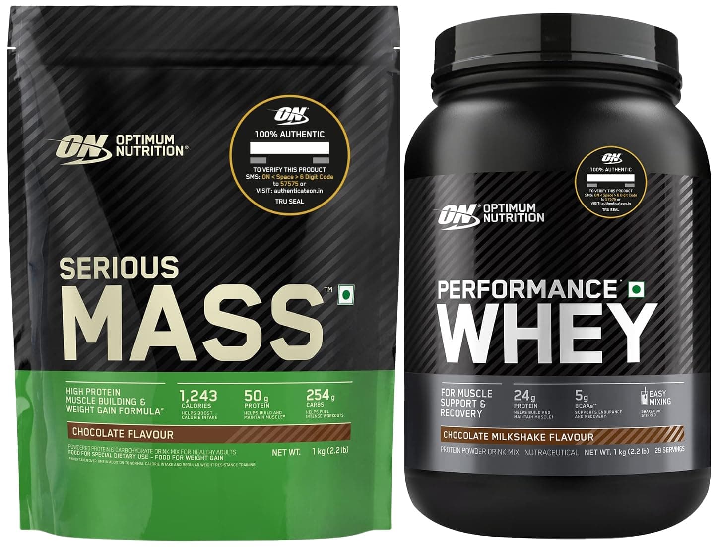 OPTIMUM NUTRITION (ON) Performance Whey Protein Powder, 24G Protein, 5G BCAA (Chocolate Milkshake) 1Kilogram & Serious Mass Gainer Powder (Veg) - Pack Of 1 Kilogram (Chocolate) COMBO, 1 Scoop