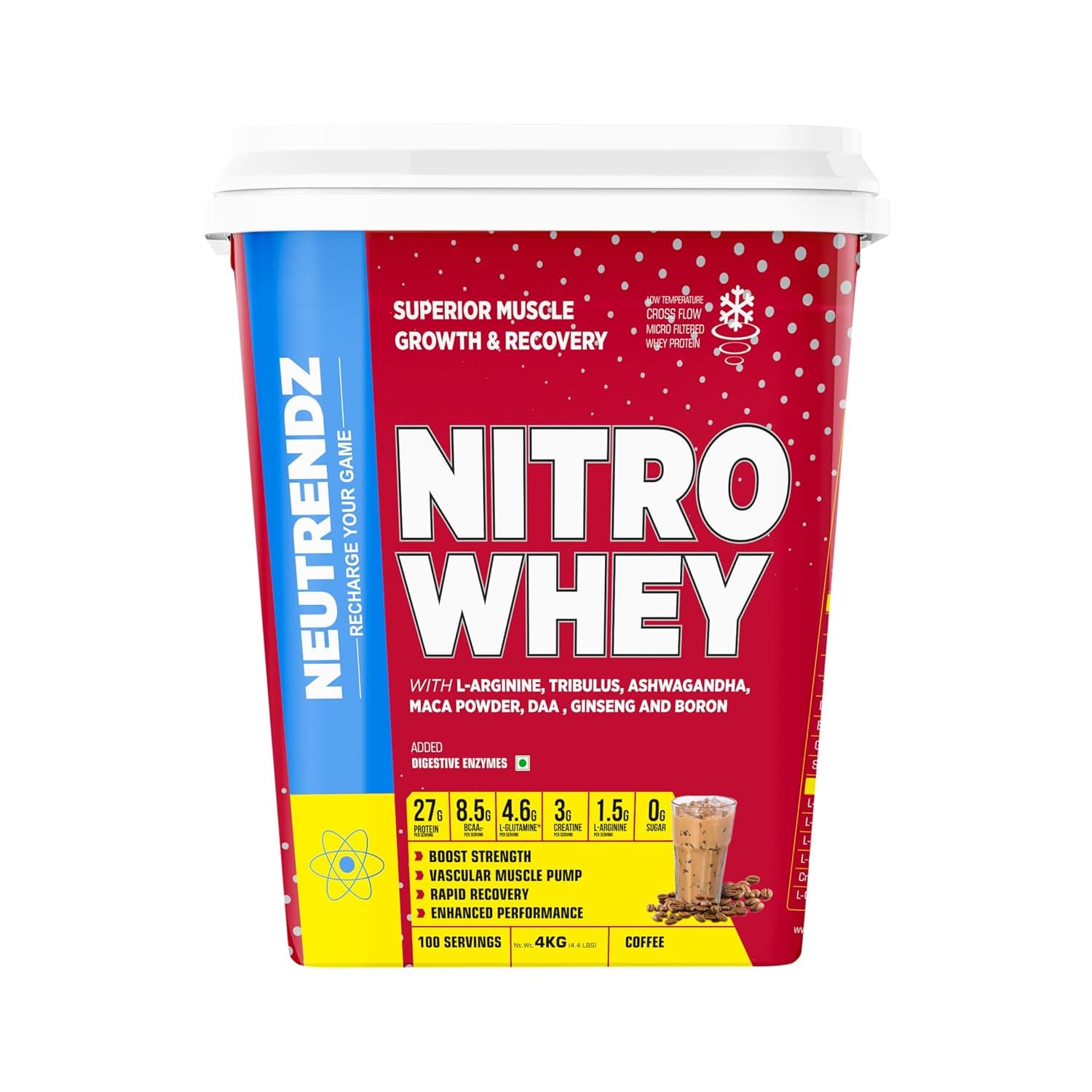 Nitro Whey Protein Powder 27g | Protein, 3g Creatine, 1.5g L-Arginine | BCAAs, Ashwagandha, DAA, Maca & Digestive Enzymes | Zero Sugar | Muscle Growth & Recovery (4kg, Coffee)
