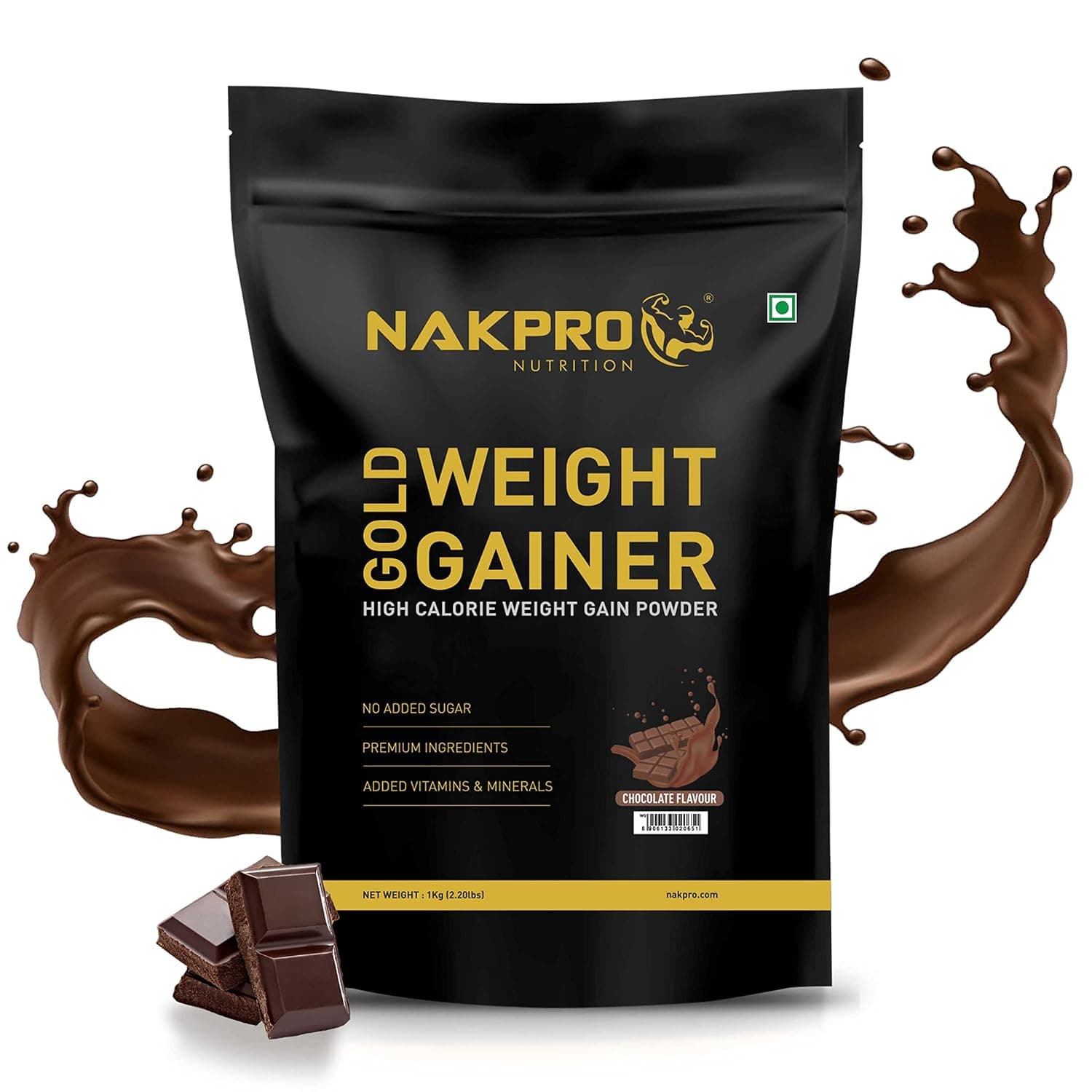 NAKPRO GOLD WEIGHT GAINER | High Carbs & High Calorie | 13g Protein, 80g Carbs |Added Vitamins & Digestive Enzymes|Easy Mixing, Digesting Powder for Men & Women | 1 Kg Chocolate Flavour (10 Servings)