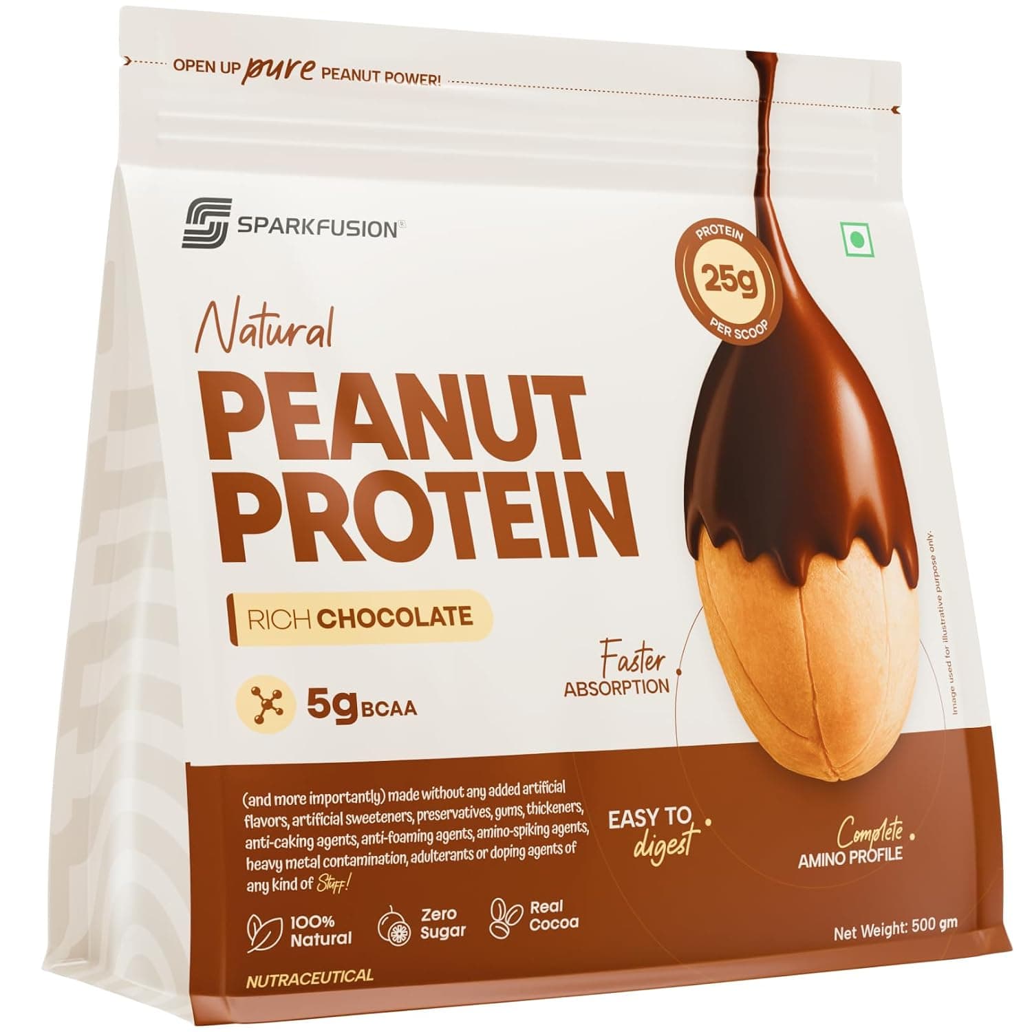 SparkFusion Natural Peanut Protein Isolate – Flavor – 25g Protein, 5g BCAA, Zero Sugar, Gut-Friendly, Vegan, Lab-Tested, No Artificial Additives (500 g (Pack of 1), Rich Chocolate)