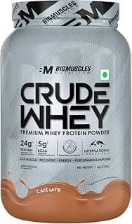 Bigmuscles Nutrition Crude Whey - 1 kg (Cafe Latte) | US FDA REGD. BRAND | Whey Protein Concentrate 80%, 24g Protein, 5.5g BCAA, 4 g Glutamine