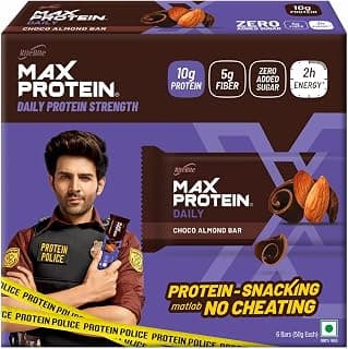 RiteBite Max Protein Daily Choco Almond Protein Bars with 10g Protein, 5g Fiber & 21 Vit. & Minerals | 0 Added Sugar, No Cholesterol & Trans Fat For Upto 2h of Energy, Healthy Snack, 50g (Pack of 6)