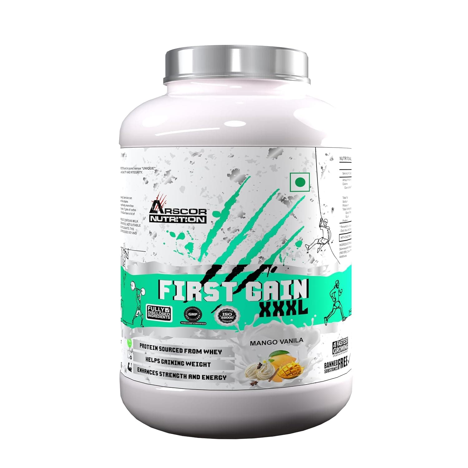Arscor's First Gain Mass Gainer Powder | High-Calorie Weight Gainer with Whey Protein & Complex Carbs | Muscle Mass & Strength Builder | No Added Sugar (2.5 Kg, Mango Vanilla)