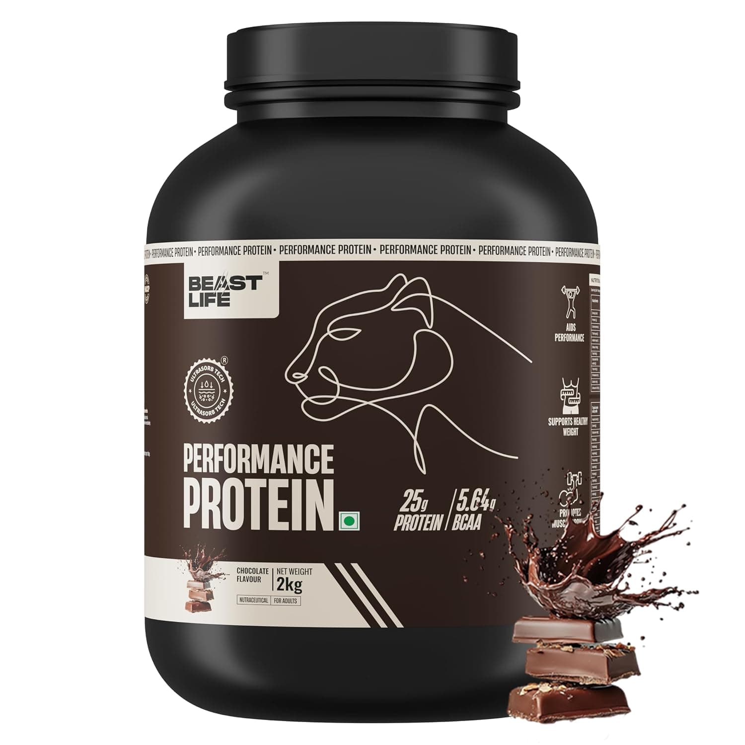 BeastLife Performance Protein Powder | 2 Kg | Chocolate | High Absorption for Muscle Growth| 25g Protein, 5.64g BCAA | Best For Gut | Beta Glucan | Improves Immune Function- Yeast Protein