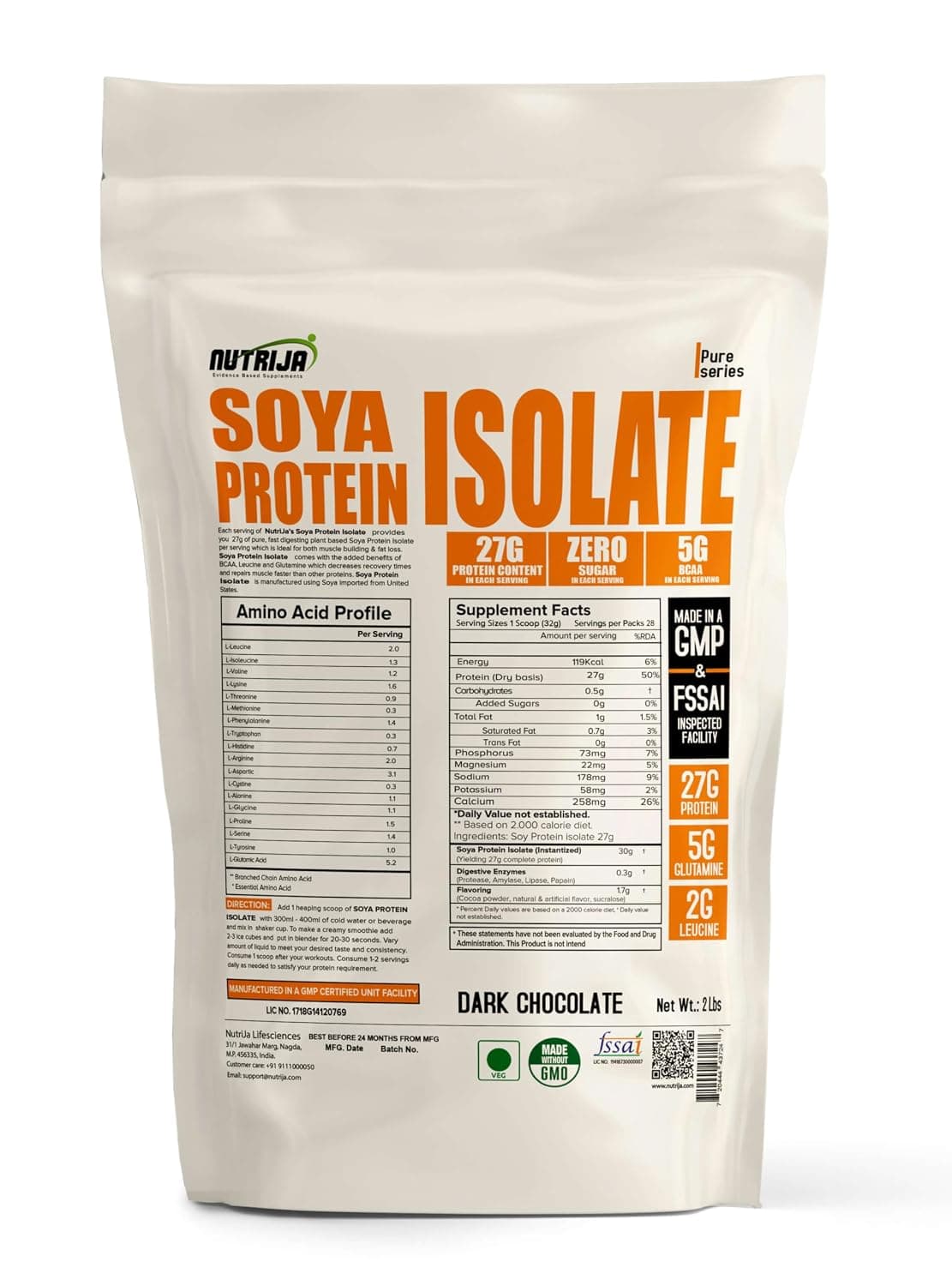 NutriJa Soya Protein Isolate 90% with Added Digestive Enzymes for Optimal Absorption | Vegan Plant Based Protein Powder | Non-GMO - 28 Serving 2Lbs (Dark Chocolate)