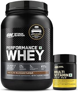 OPTIMUM NUTRITION (ON) Performance Whey Protein Powder-1 Kilogram (Chocolate) And Multivitamin For Men 60 Tablets, 26 Vitamins & Minerals, 1 Scoop