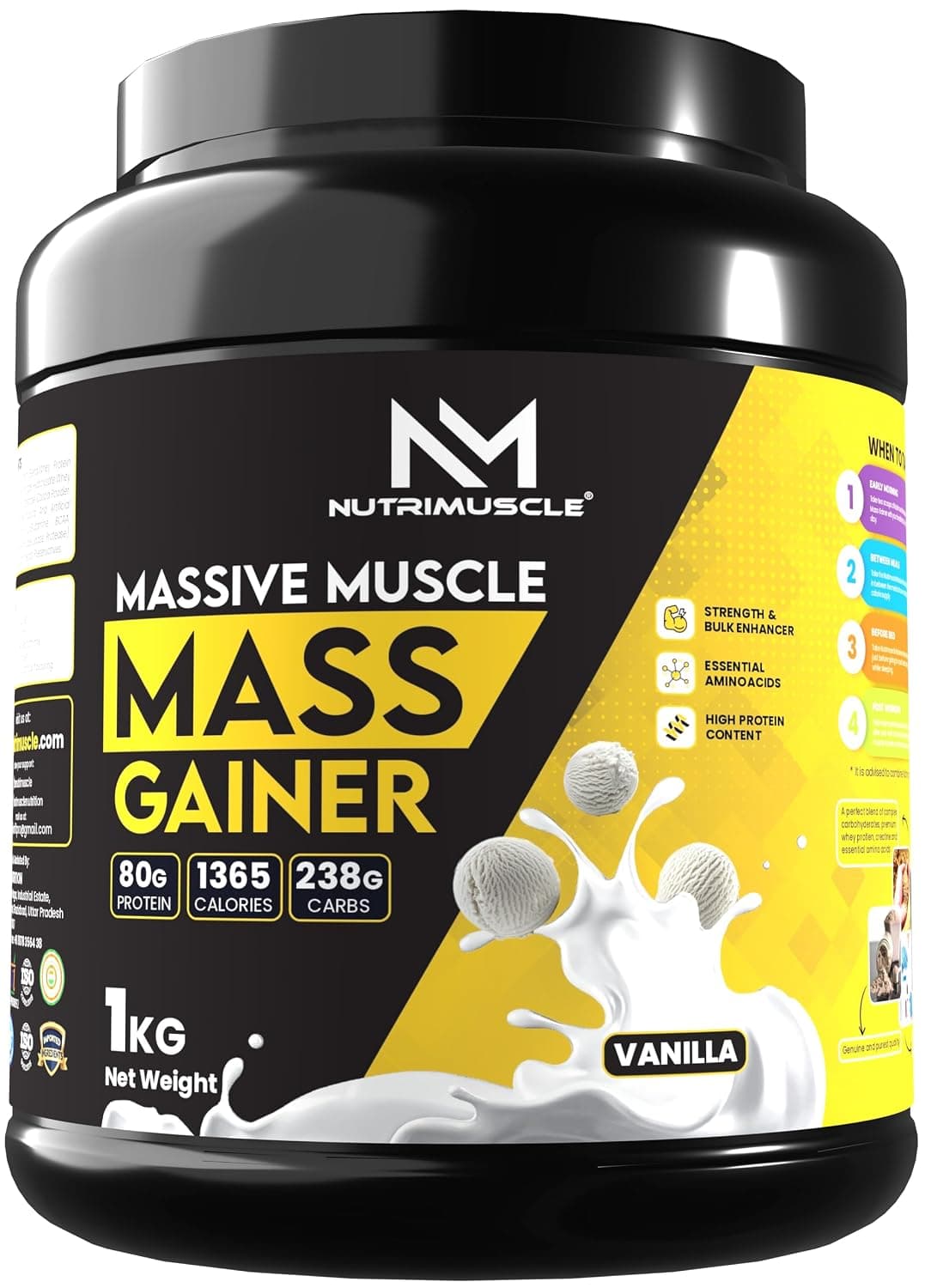 Nutrimuscle ® Massive Muscle Mass Gainer - 1 Kg - Vanilla Flavour - For Muscle, Mass and Strength Gain - Contains Creatine, Complex Carbohydrates and Protein