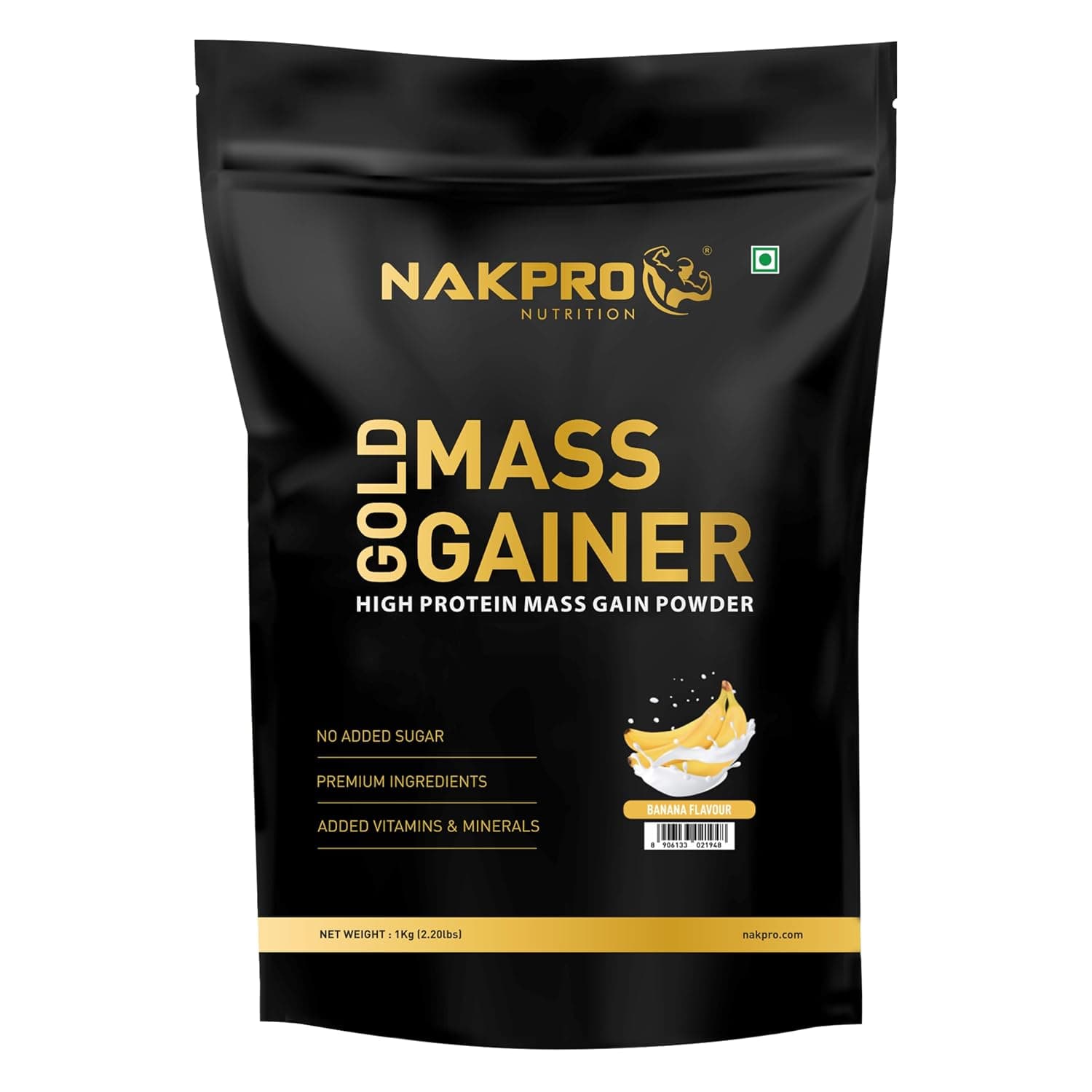 Nakpro Gold Mass Gainer Powder 1 Kg, Banana| Lean Muscle Whey Protein Mass Gainer | 21g Protein, 68g Carb, 372 Calories Per Scoop for Muscle Support & Muscle Mass Gain