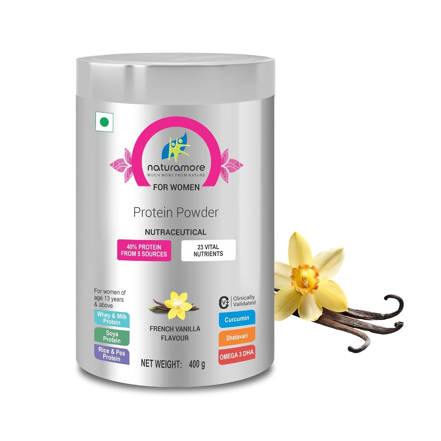 Naturamore Women's Protein Powder | French Vanilla | 40% Multi-Source Protein & 23 Essential Nutrients | With Curcumin, Shatavari & Omega 3 DHA | Supports Women's General Wellness | 400g
