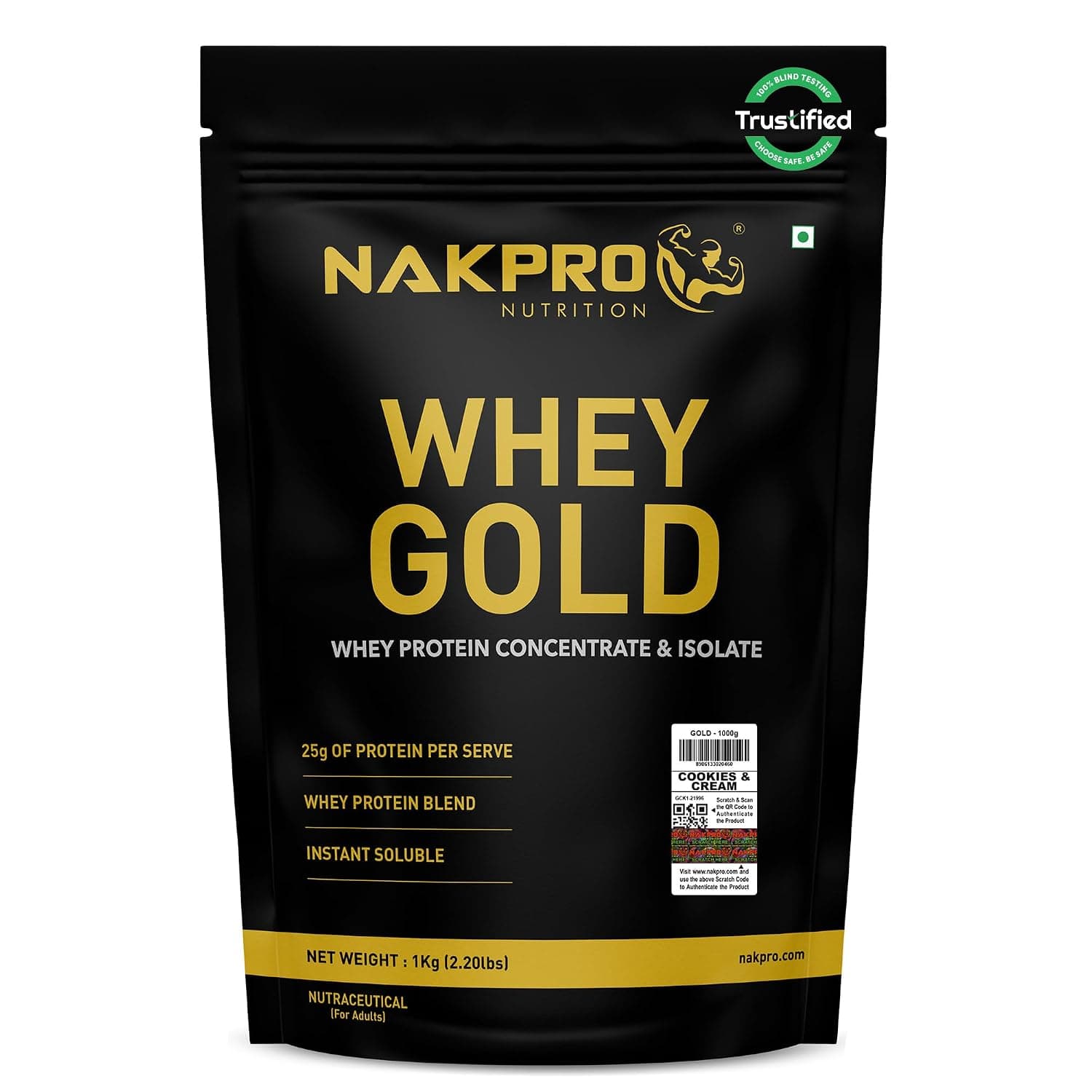 NAKPRO NUTRITION Gold Whey Protein Concentrate & Isolate 1kg Cookies & Cream flavour | 25.5g Protein, Trustified Certified