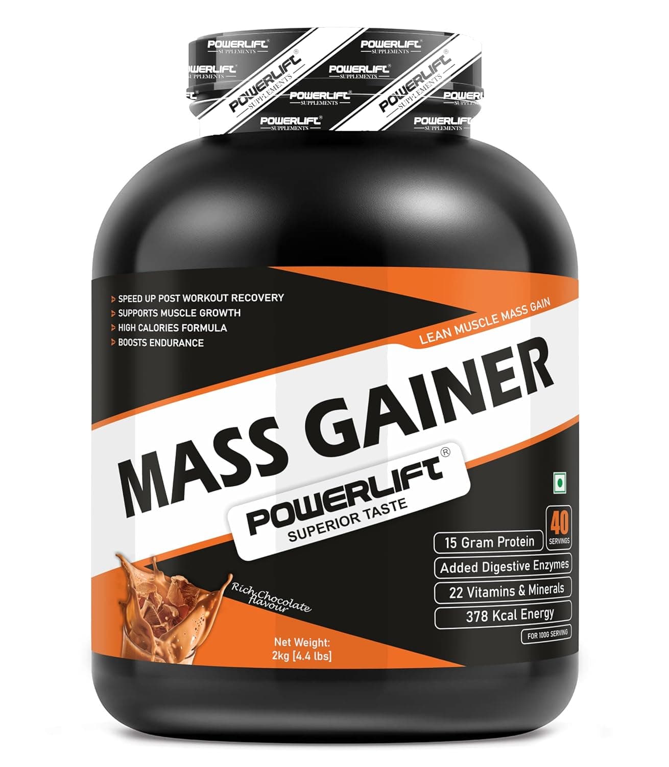 Mass Gainer Protein Powder, Added Digestive Enzymes, Multivitamin & Minerals, Muscle Gain & Fast Growth, Chocolate Flavour 2kg, 40 Servings